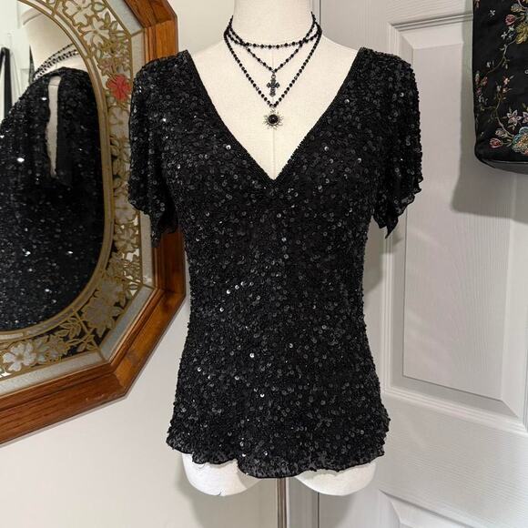 VTG 90s Adrianna Papell Black Silk Beaded Sequin Glitzy Glam Flutter Sleeve Top - Picture 1 of 8